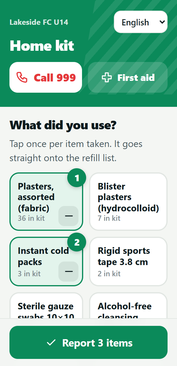 The kit page after scanning the sticker: big buttons for plasters, cold packs and tape, and a call-emergency button